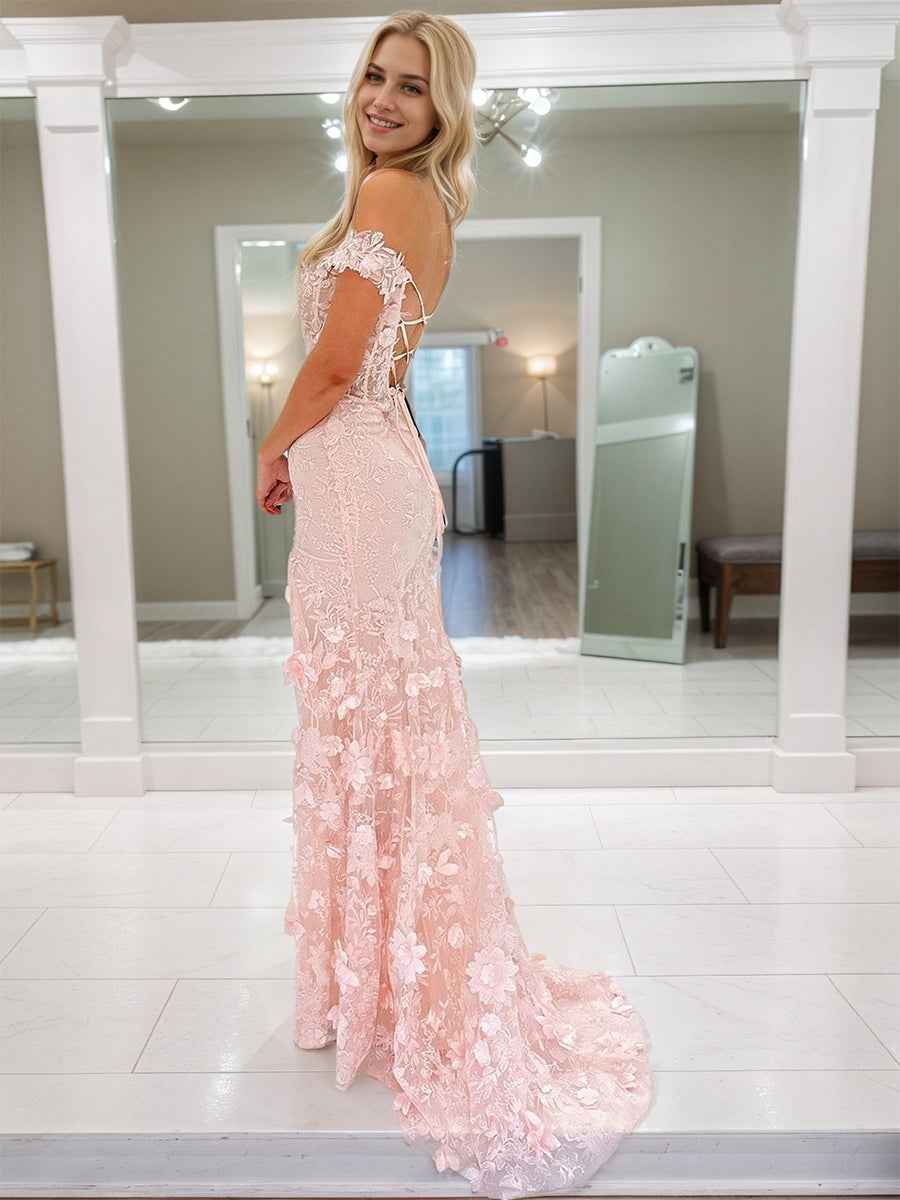 Lilac 3D Floral Lace Off Shoulder Corset Mermaid Prom Dress With Slit