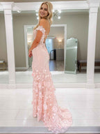 Lilac 3D Floral Lace Off Shoulder Corset Mermaid Prom Dress With Slit