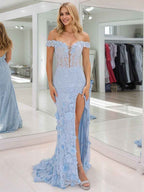 Lilac 3D Floral Lace Off Shoulder Corset Mermaid Prom Dress With Slit