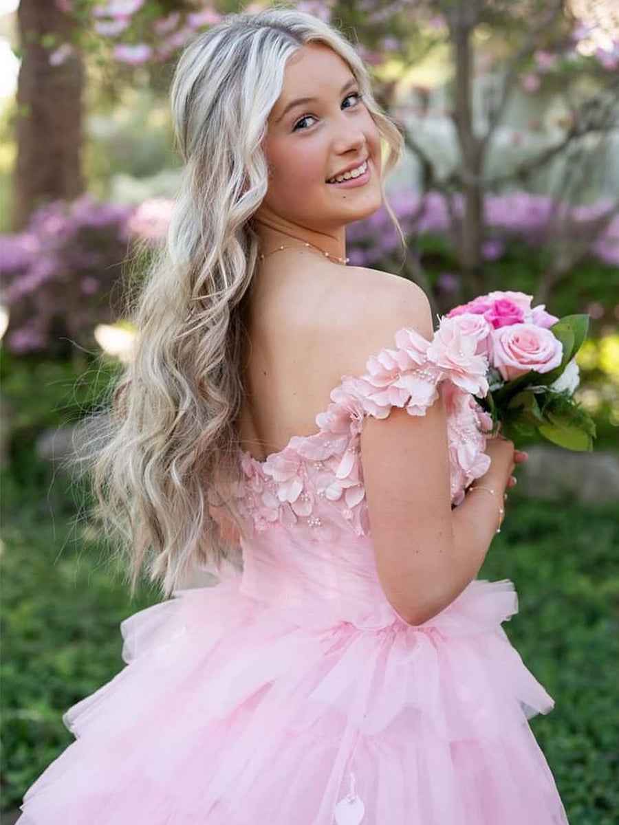 Pink 3D Floral Lace Off The Shoulder Prom Dress With Tiered Ruffle Skirt