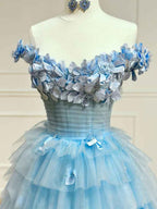 Pink 3D Floral Lace Off The Shoulder Prom Dress With Tiered Ruffle Skirt
