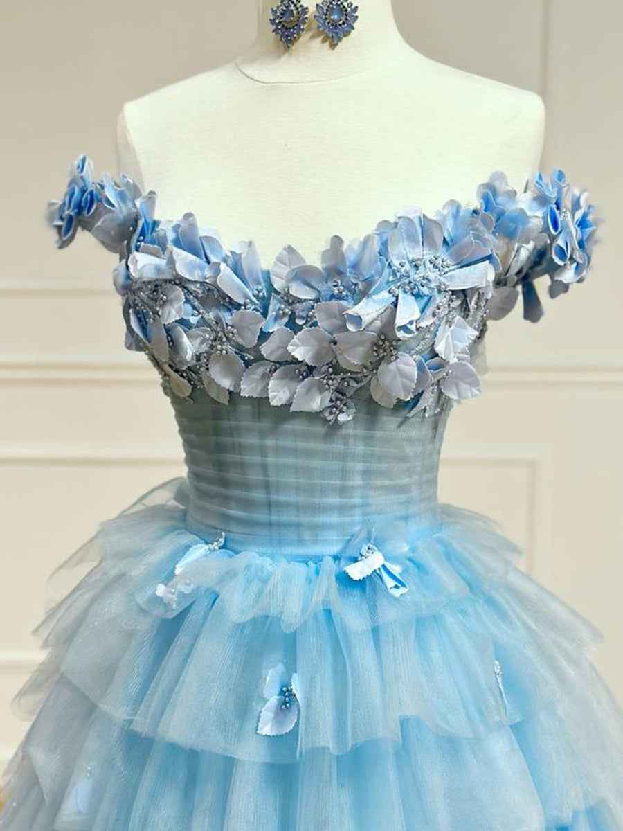 Pink 3D Floral Lace Off The Shoulder Prom Dress With Tiered Ruffle Skirt