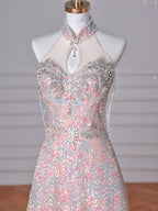 Splendido abito da sera rosa con paillettes e perline a linea ad A Y8637