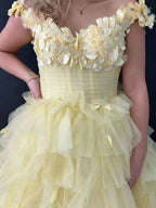 Pink 3D Floral Lace Off The Shoulder Prom Dress With Tiered Ruffle Skirt