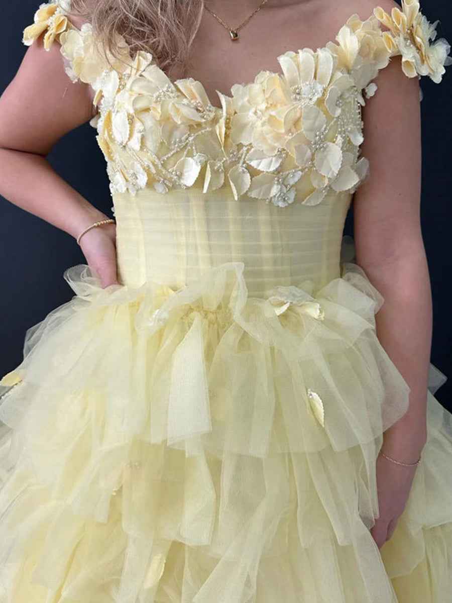 Pink 3D Floral Lace Off The Shoulder Prom Dress With Tiered Ruffle Skirt