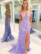 Lilac 3D Floral Lace Off Shoulder Corset Mermaid Prom Dress With Slit