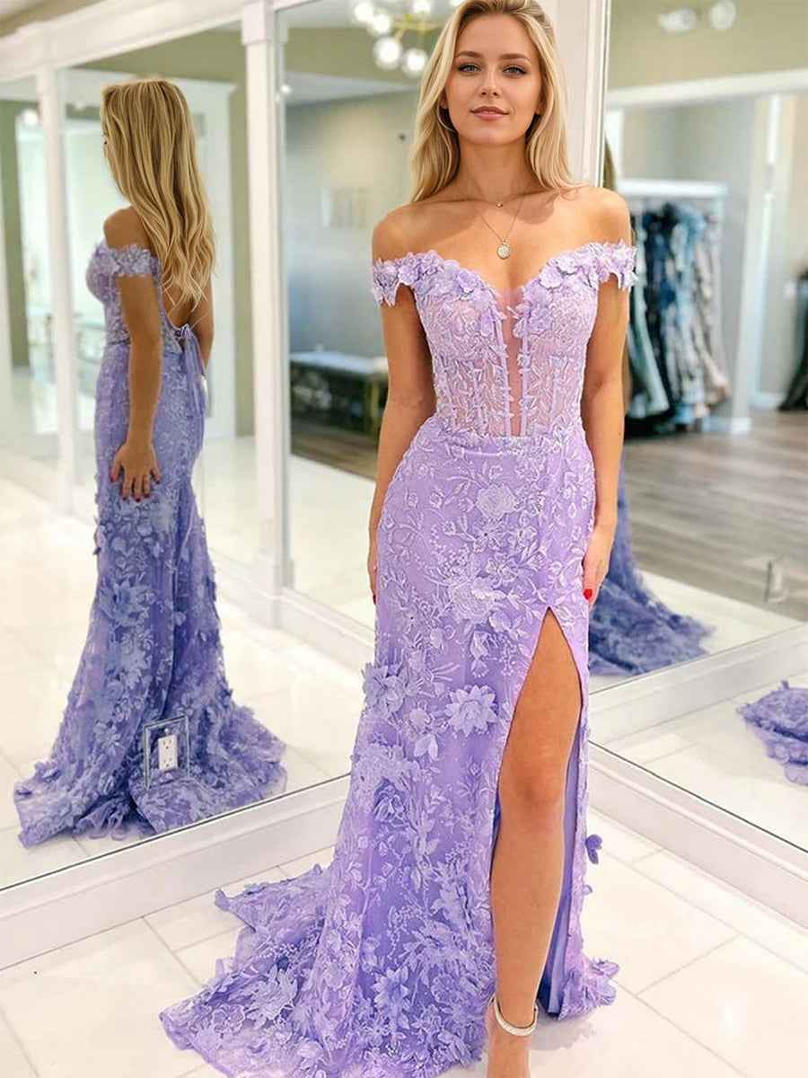 Lilac 3D Floral Lace Off Shoulder Corset Mermaid Prom Dress With Slit