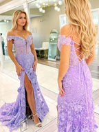 Lilac 3D Floral Lace Off Shoulder Corset Mermaid Prom Dress With Slit