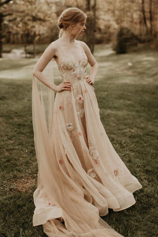 3D Flower Colorful V Neck Tulle Forest Wedding Dresses
