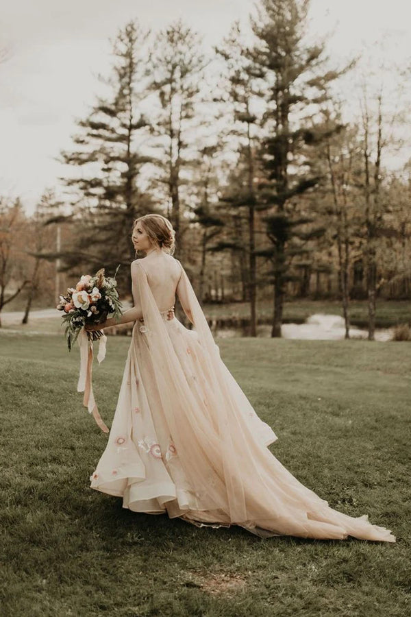 3D Flower Colorful V Neck Tulle Forest Wedding Dresses