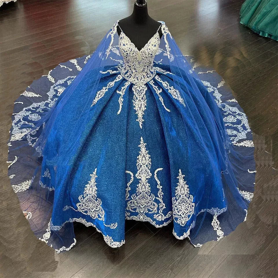 Perlendekor Quinceañera-Kleider Paillettenapplikation Prinzessin Ballkleid mit Umhang Y1516