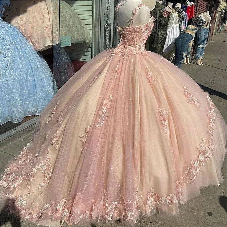 Abiti da ballo rosa scintillanti per Quinceañera, pizzo, fiore, dolce sedici, tulle, abito da festa a sfera Y57