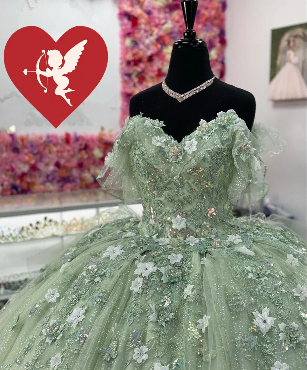 Salbeigrüne Quinceañera-Kleider mit 3D-Blumen Süßer 15. Geburtstagsballkleid Y2614