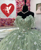 Salbeigrüne Quinceañera-Kleider mit 3D-Blumen Süßer 15. Geburtstagsballkleid Y2614