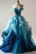 Abito da sera di lusso in organza sfumata blu, linea a trapezio, scollatura a spalle scoperte, abito da ballo Y8368