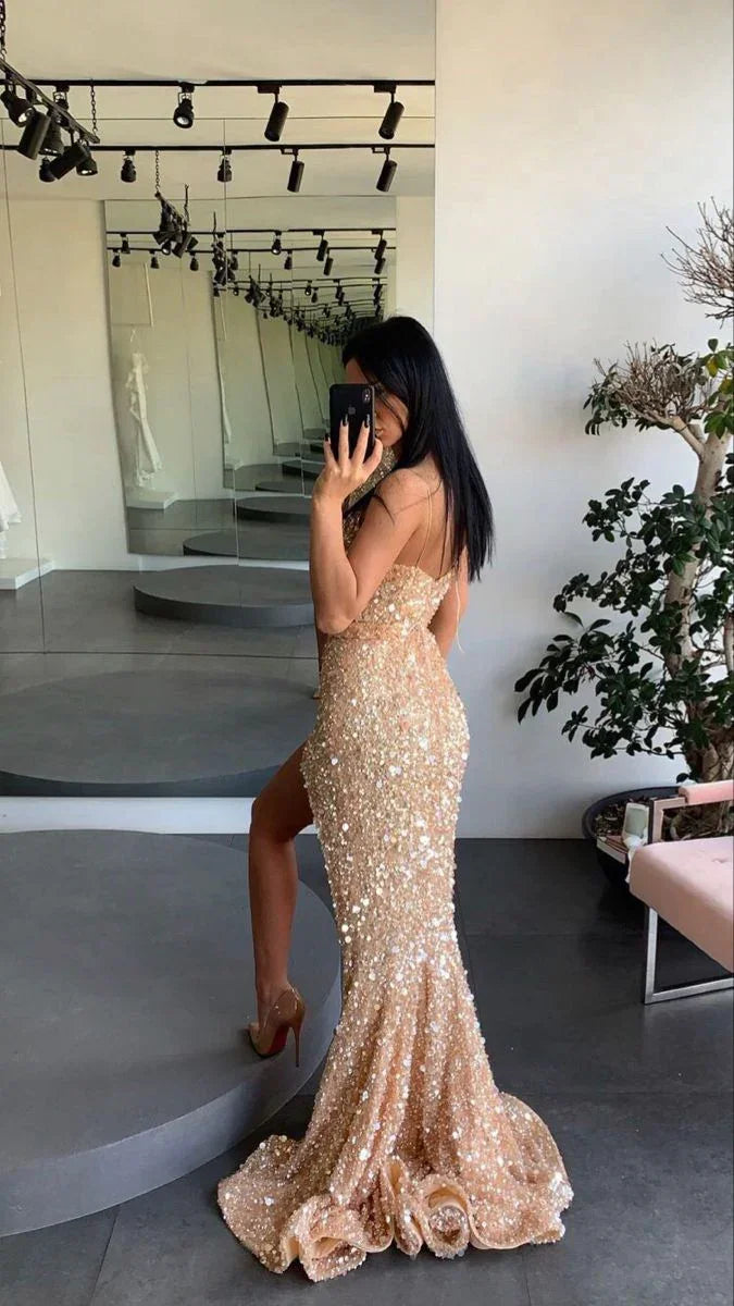 Vestido de noivado dourado com alças finas, vestido de baile com racha na perna, vestido de noite com lantejoulas Y71