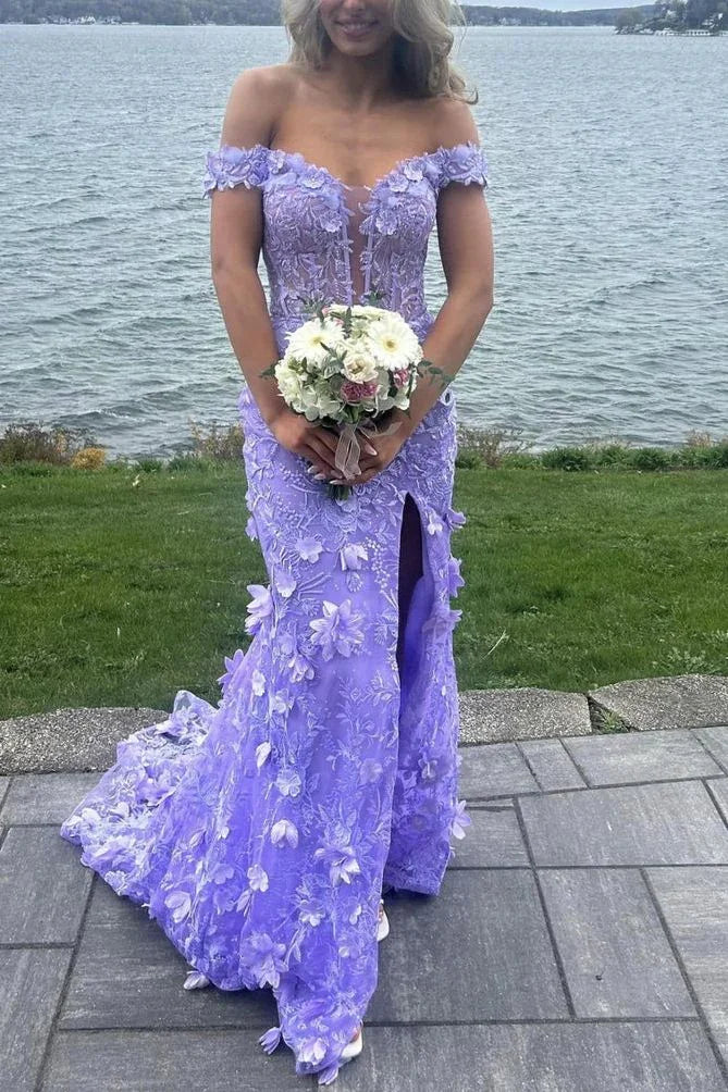 Hermoso vestido de fiesta sirena con escote en V y hombros descubiertos, apliques de encaje, abertura, vestido de noche para cumpleaños Y7934