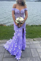 Hermoso vestido de fiesta sirena con escote en V y hombros descubiertos, apliques de encaje, abertura, vestido de noche para cumpleaños Y7934