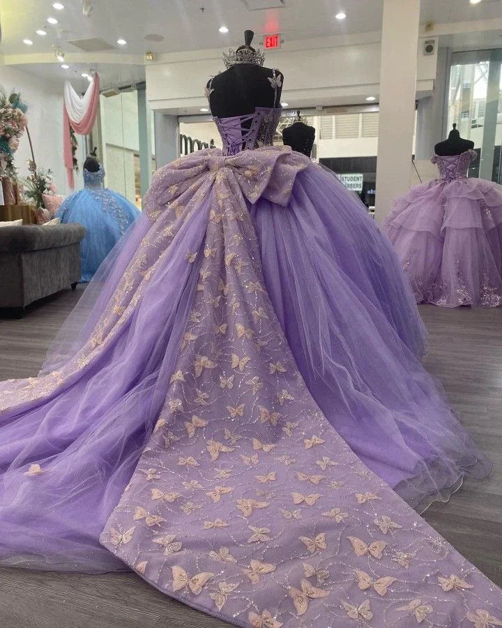 Robe boule en tulle violet avec papillons, robe de seize ans, robe de princesse violette Y2270