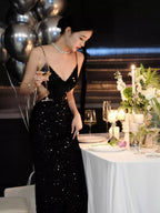 Abito da sera nero con paillettes scintillanti, vestito da sera sexy con schiena scoperta Y1124