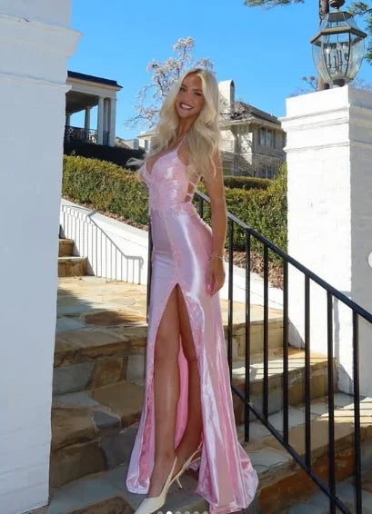 Vestido de Baile com Aplicações de Cetim Cor-de-Rosa, Cauda de Sereia, Fenda Longa, Vestido de Noite Y8263