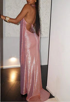 Vestito da sera formale rosa sexy con scollo all'americana e schiena scoperta per festa e ballo Y8166