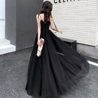 Abito lungo da sera nero in tulle con perline, abito da ballo nero Y1134