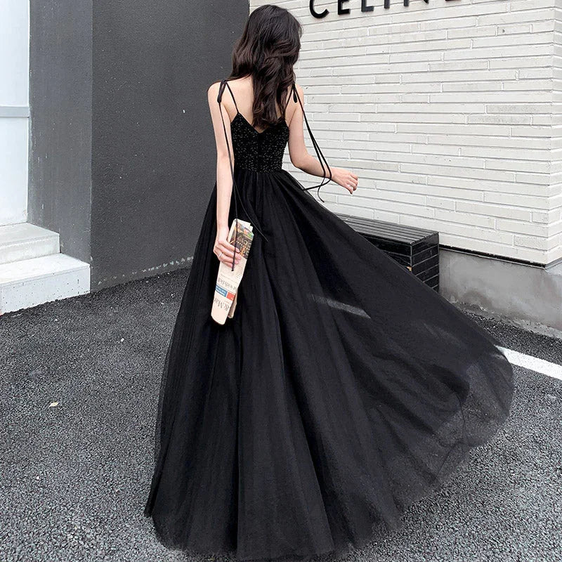 Abito lungo da sera nero in tulle con perline, abito da ballo nero Y1134