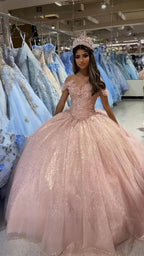 Bellissimo Abito Quinceanera Rosa Cipria con Spalle Scoperte Abito da Ballo Rosa Cipria Scintillante Y391
