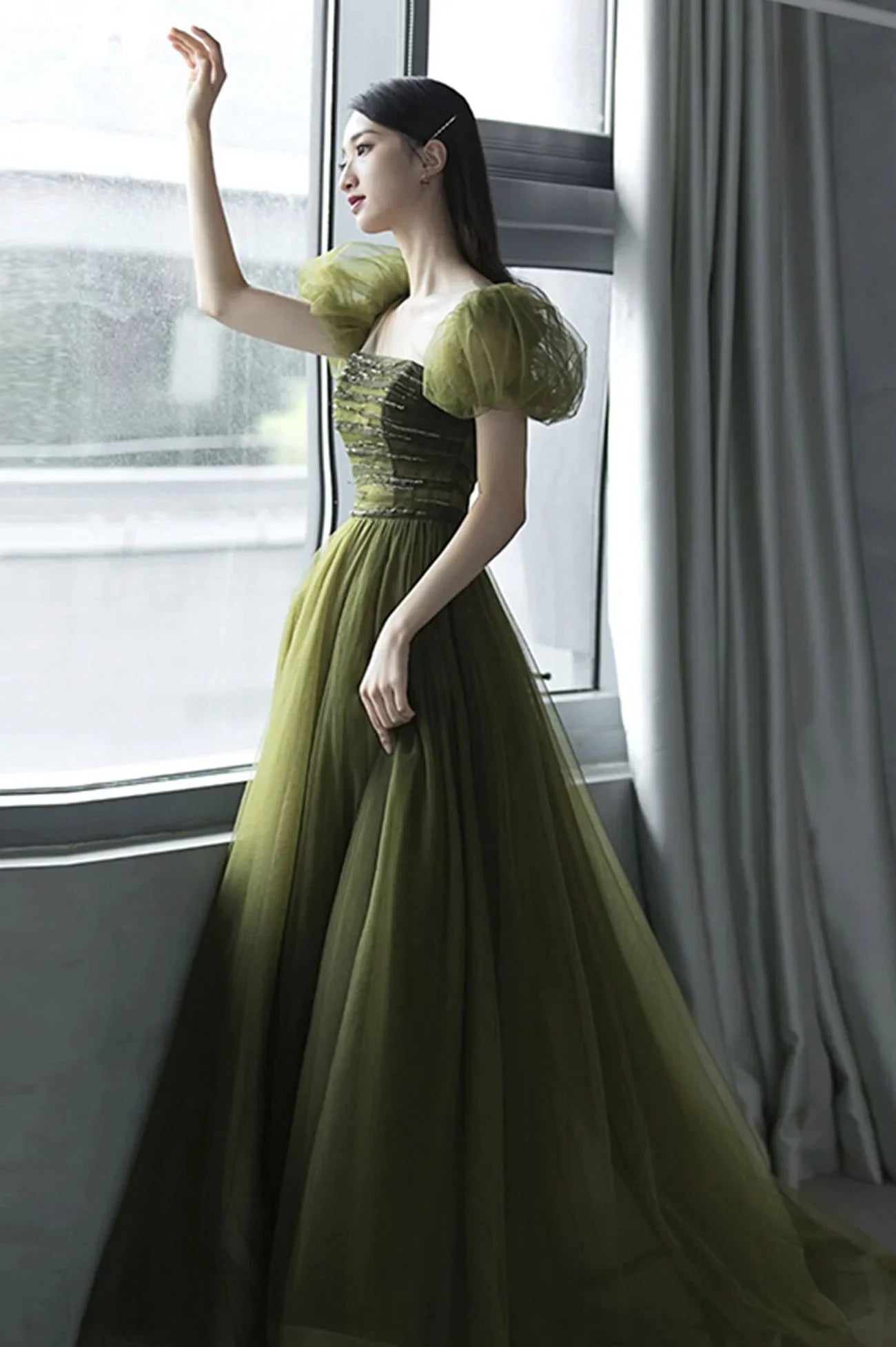 Abito lungo da sera in tulle verde abito da ballo verde Y623