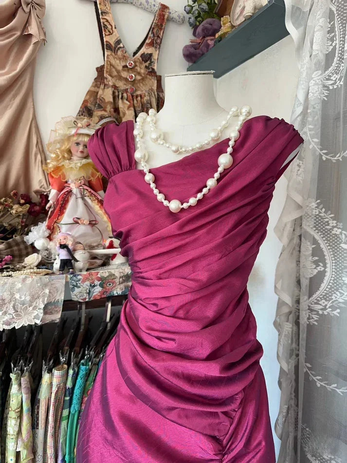 Vestido de Baile Elegante em Cetim com Franzidos, Modelo Sereia, Vestido de Noite Cor-de-Rosa Y8161