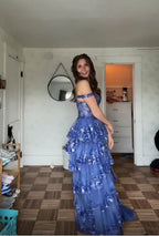 Abito da sera formale a strati con paillettes di tulle blu scintillante e spacco, abito da ballo Y7961
