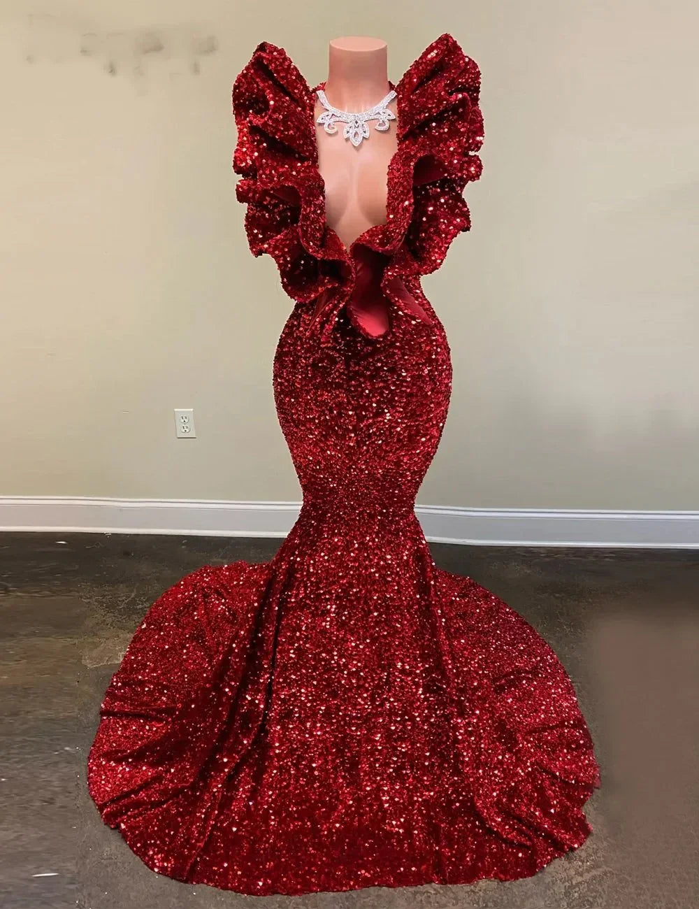 Abito lungo da sera con paillettes rosse a sirena, abito da ballo incantevole Y536