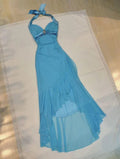 Incantevole Abito da Sera Azzurro con Scollo all'Americana in Chiffon, Paillettes, Volant, Modello Sirena per Festa Y8067