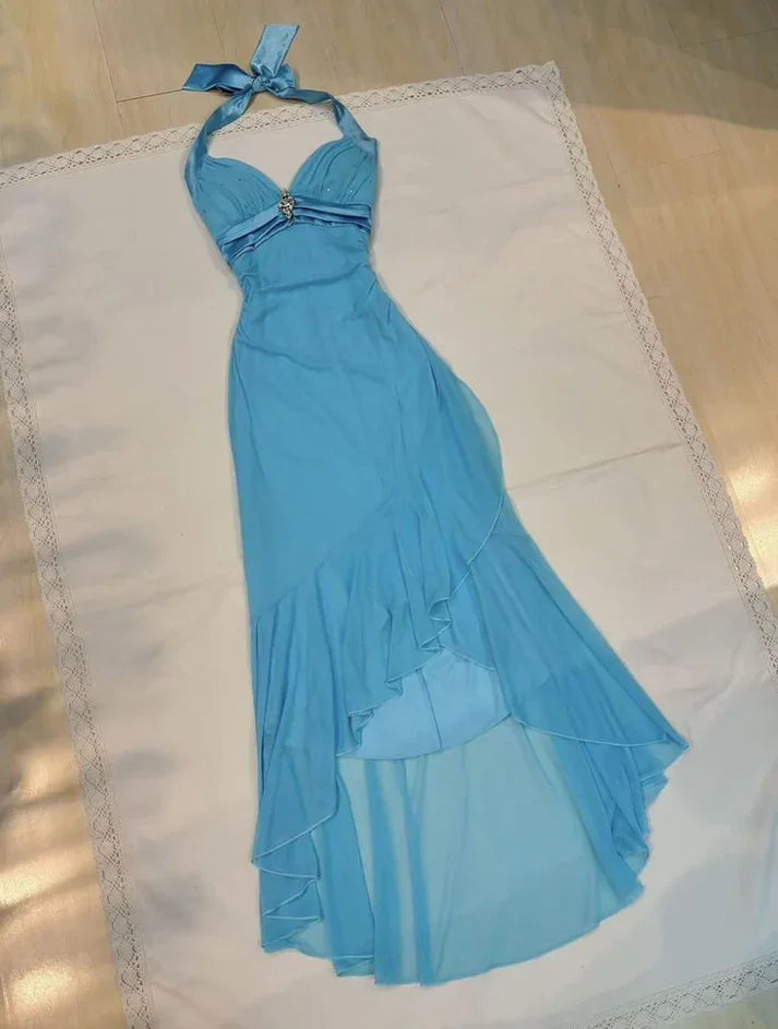 Incantevole Abito da Sera Azzurro con Scollo all'Americana in Chiffon, Paillettes, Volant, Modello Sirena per Festa Y8067