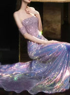 Vestido Formal de Noite Roxo com Lantejoulas e Contas, Ombros Descobertos, Estilo Sereia, Y8182