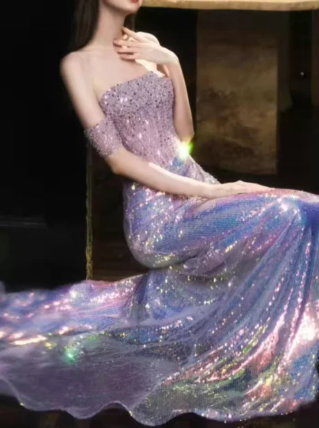 Vestido Formal de Noite Roxo com Lantejoulas e Contas, Ombros Descobertos, Estilo Sereia, Y8182