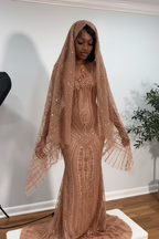 Crimson Ruby Heiress Mermaid Gown With Hand Beaded Crystal Encrusted Hooded Veil