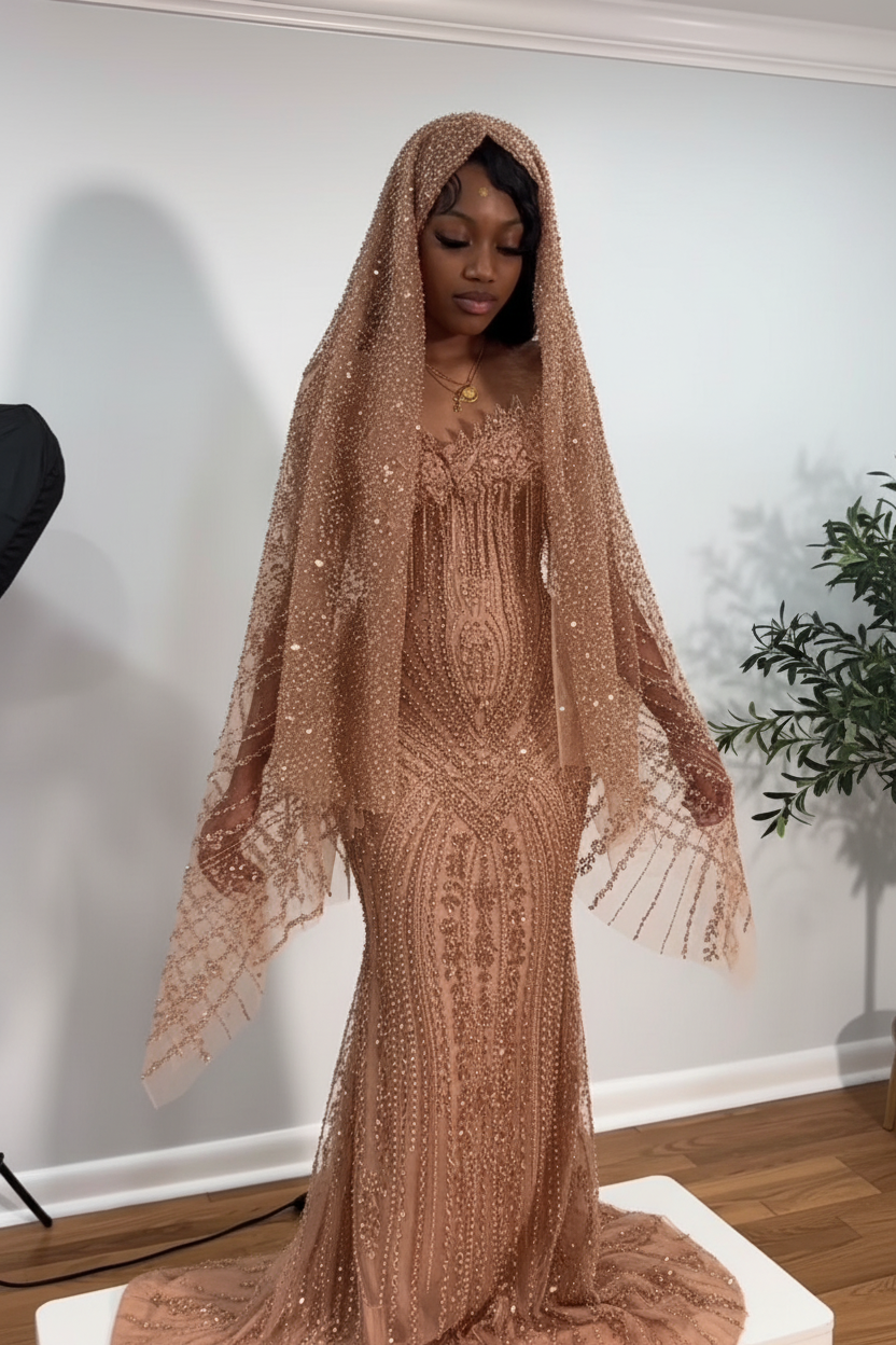 Crimson Ruby Heiress Mermaid Gown With Hand Beaded Crystal Encrusted Hooded Veil