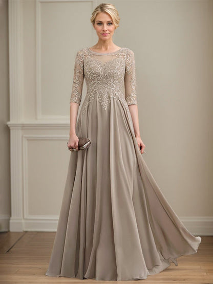A-Linie, U-Ausschnitt, Illusion, bodenlanges Spitzen-Chiffon-Kleid für die Brautmutter mit Pailletten 