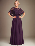 Abito da madre della sposa in chiffon di pizzo con scollo a barca, linea a trapezio, lunghezza fino al pavimento, con applicazioni di paillettes