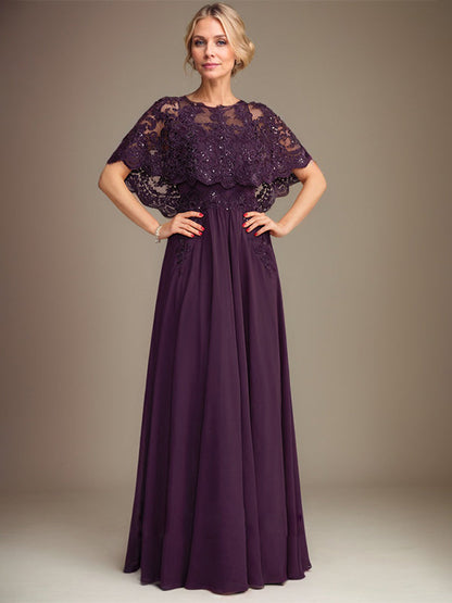 Vestido de madre de la novia de gasa con encaje, escote barco, largo hasta el suelo, con apliques de lentejuelas 