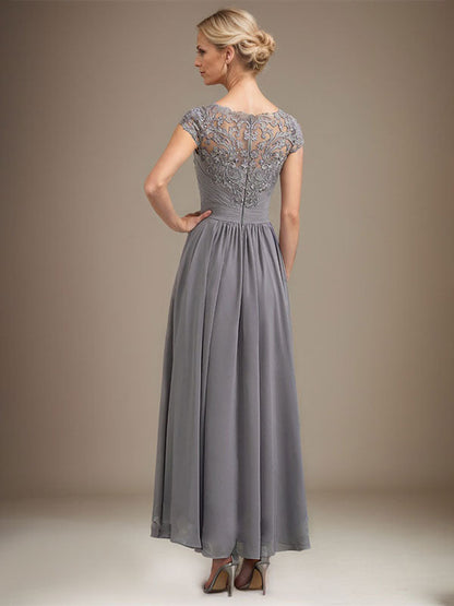 A-Linie U-Ausschnitt Illusion Asymmetrische Spitze Chiffon Mutter der Braut Kleid Mit Plissee 