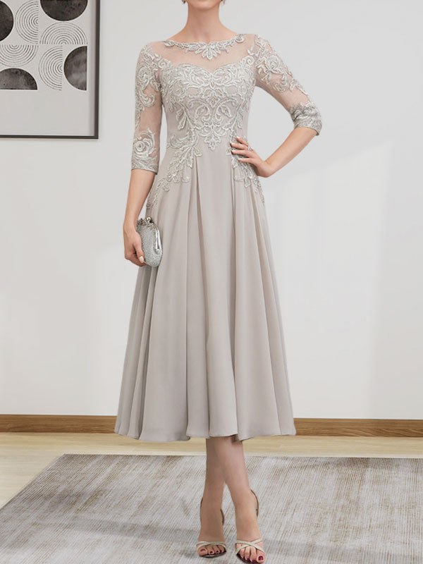 A-Linie, U-Ausschnitt, Illusion, knielang, Chiffon, Spitze, Kleid für die Brautmutter mit Perlen und Pailletten