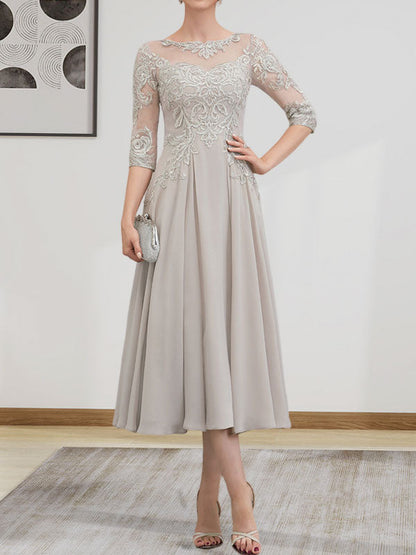 A-Linie, U-Ausschnitt, Illusion, knielang, Chiffon, Spitze, Kleid für die Brautmutter mit Perlen und Pailletten