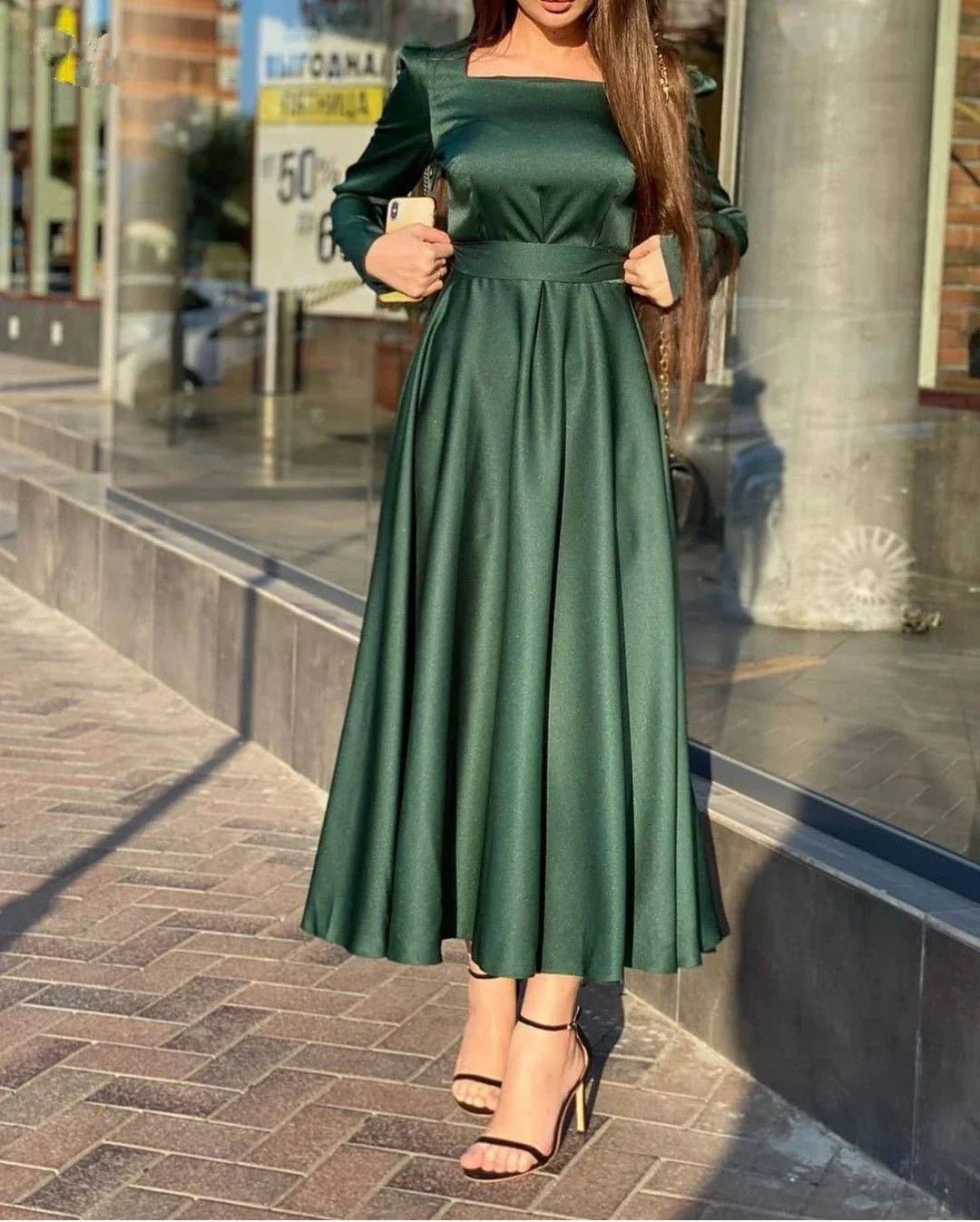 Abito da sera verde con scollo quadrato semplice e linea a trapezio, Abito da sera verde Y5553