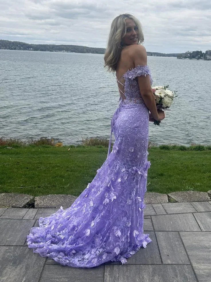 Hermoso vestido de fiesta sirena con escote en V y hombros descubiertos, apliques de encaje, abertura, vestido de noche para cumpleaños Y7934