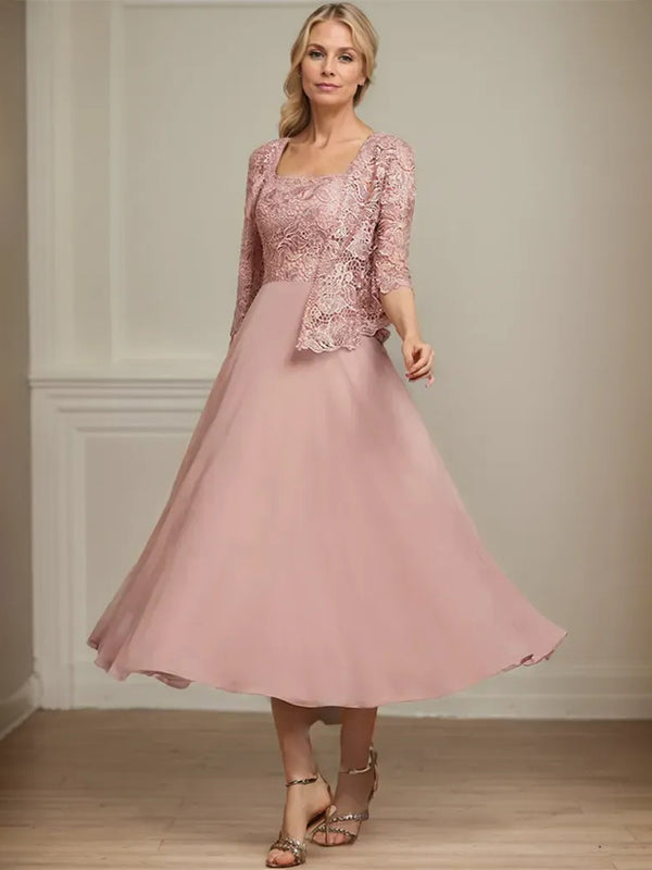 A-Linie Quadratisches Wadenlanges Chiffon-Spitzenkleid für die Brautmutter mit Pailletten und Perlen 