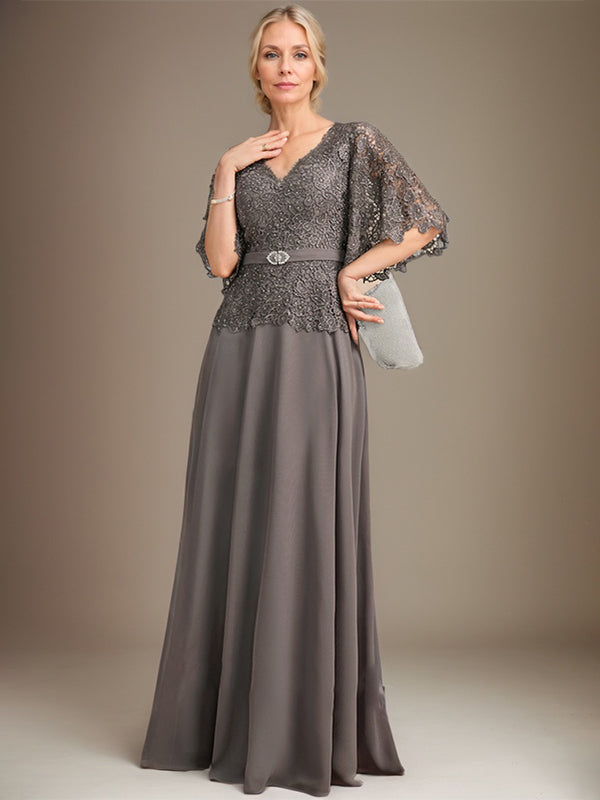A-Linie V-Ausschnitt Bodenlang Chiffon Spitze Mutter der Braut Kleid Mit Kristall Brosche Strass 
