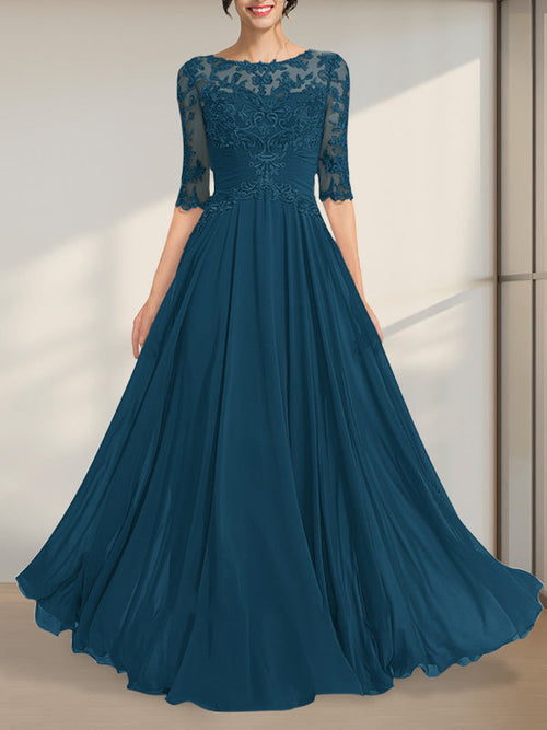 Abito da madre della sposa in chiffon e pizzo, linea a trapezio, scollatura a U, lunghezza fino al pavimento, con paillettes plissettate
